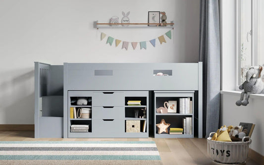 Grey Charlie Midsleeper Cabin Bunk Bed with Storage Steps and Desk - Complete Comfort Beds