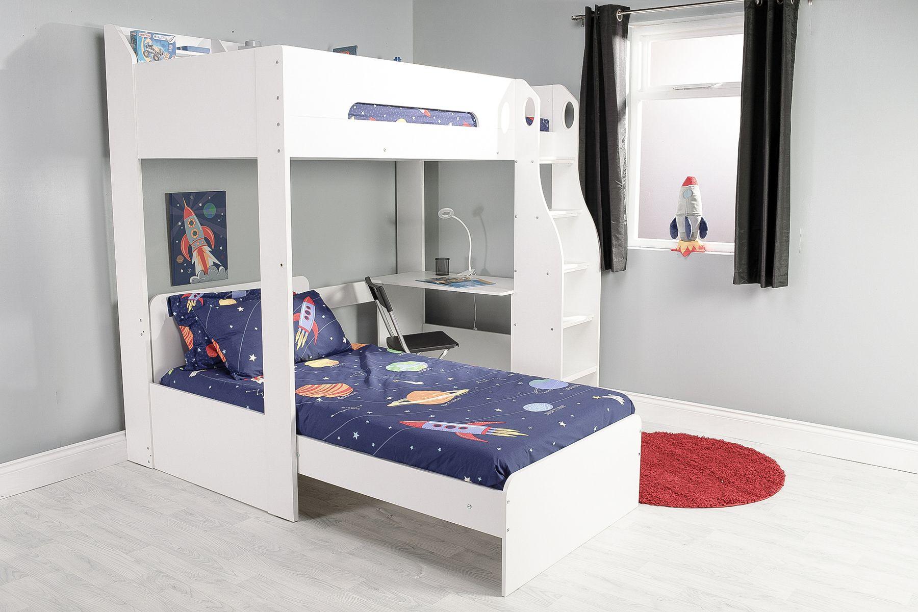 L Shaped Bunk Bed Frame in White with Built in Shelf Storage and Desk