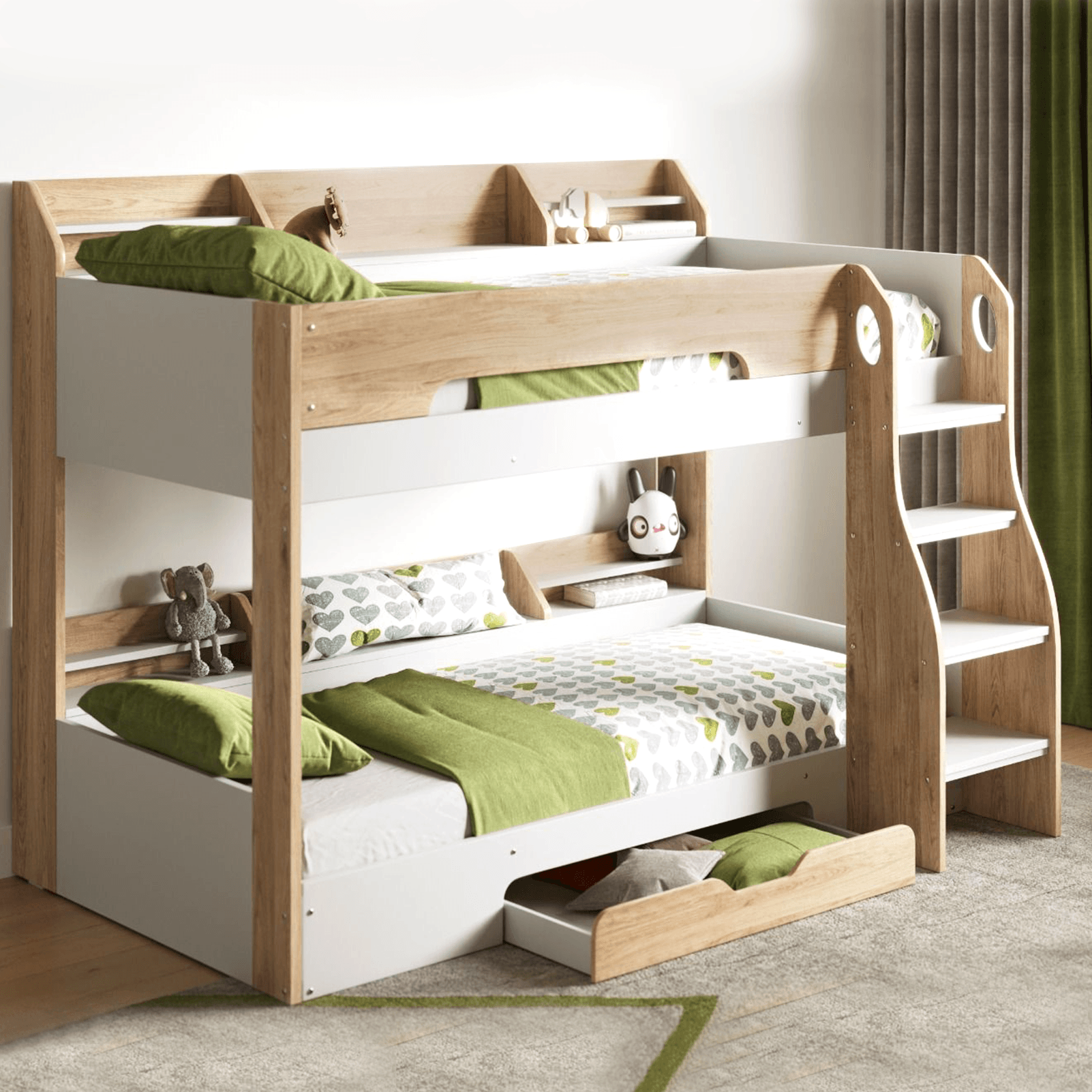 Flick Bunk Bed in Oak with Shelves Storage