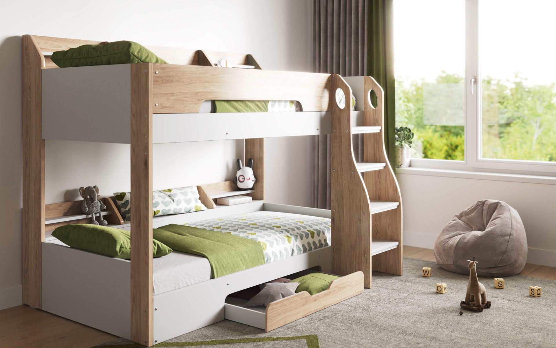 Flick Bunk Bed in Oak with Shelves Storage Side