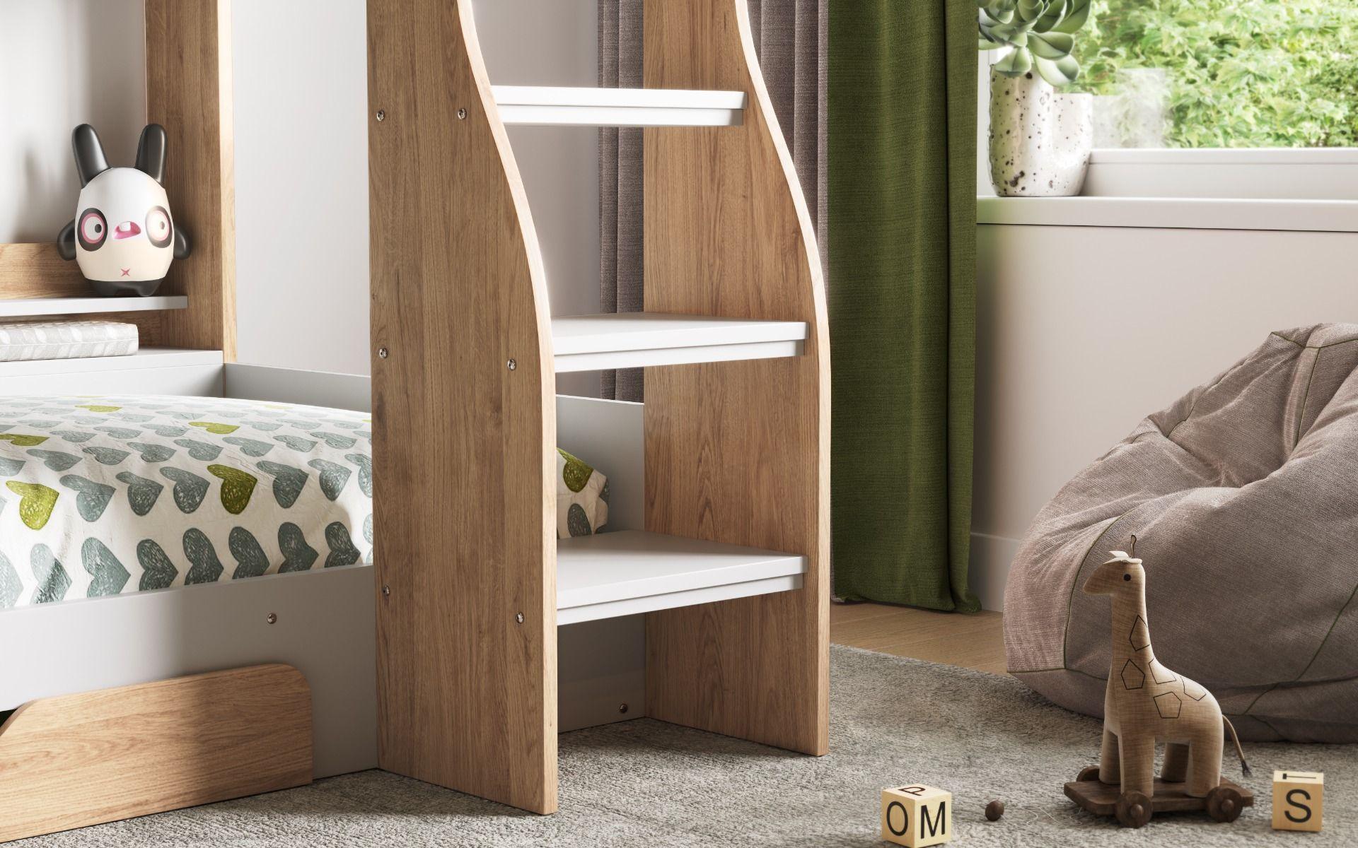 Flick Bunk Bed in Oak with Shelves Storage Stairs