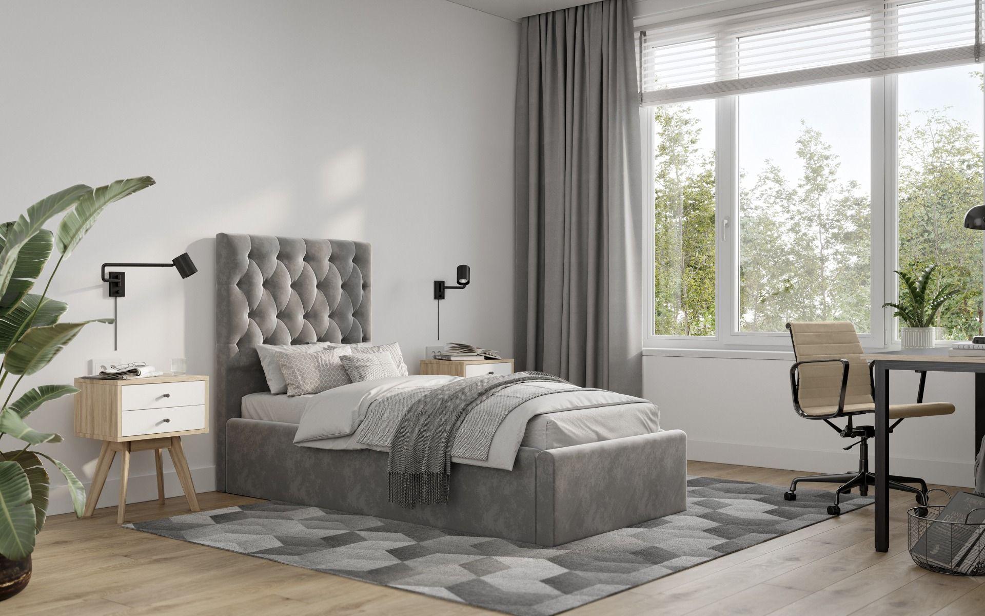 Milan Velvet Single Bed Steel Grey Frame Storage