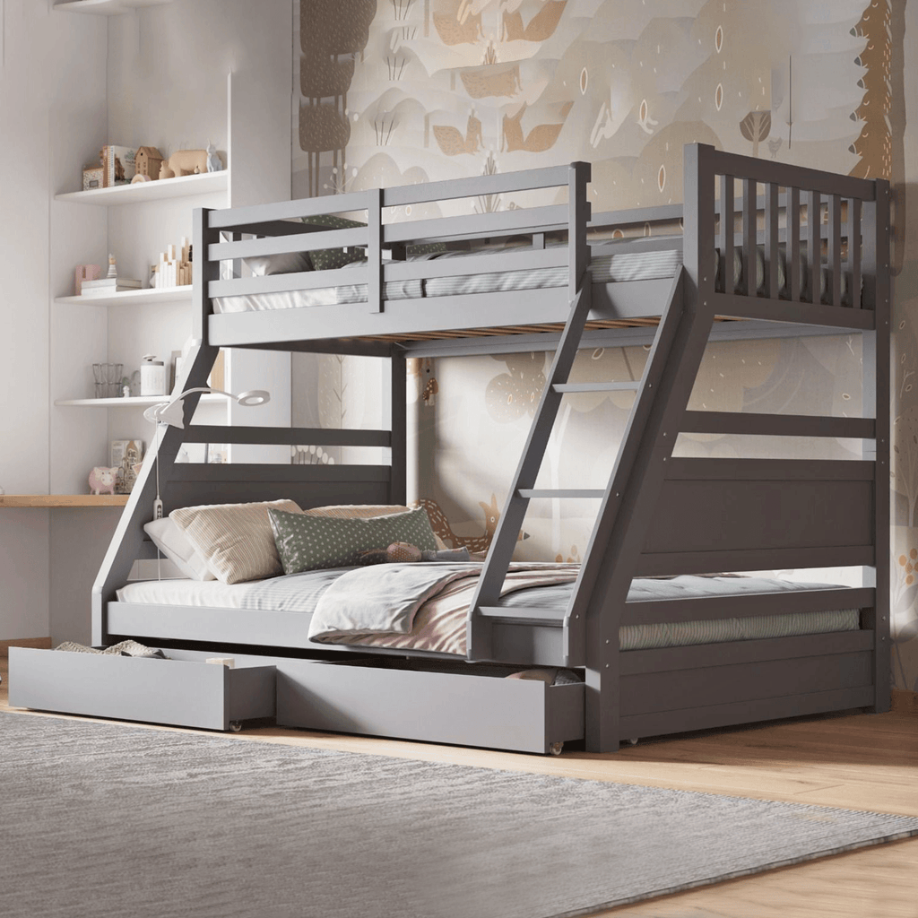 Ollie Grey Triple Wood Bunk Bed Frame with Storage Draws in Grey