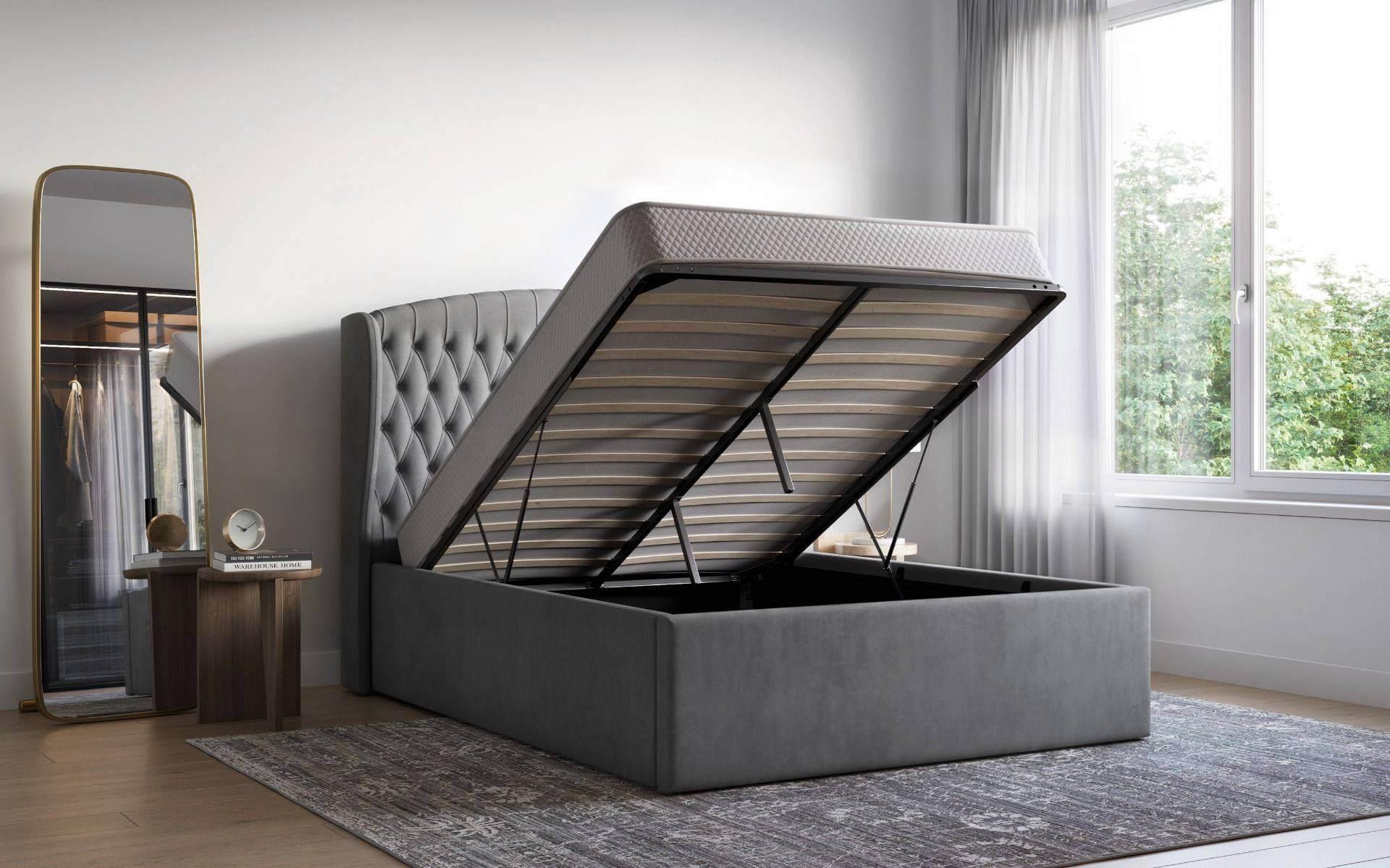 Adelina Winged Velvet Grey Double Bed Frame Storage
