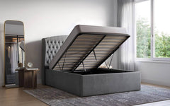 Adelina Winged Velvet Grey Double Bed Frame Storage