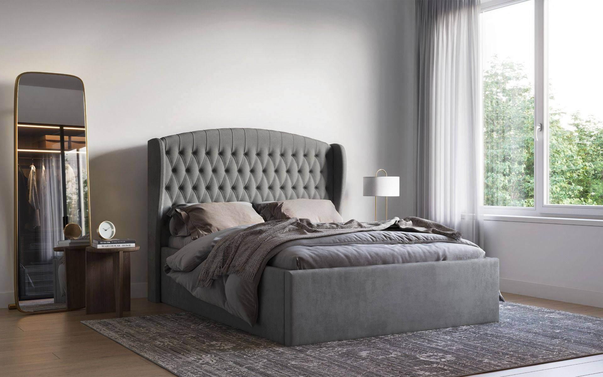 Adelina Winged Velvet Grey Double Bed Frame 3