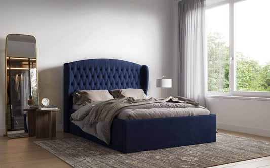 Adelina Winged Velvet Navy Blue Bed Frame Double 2