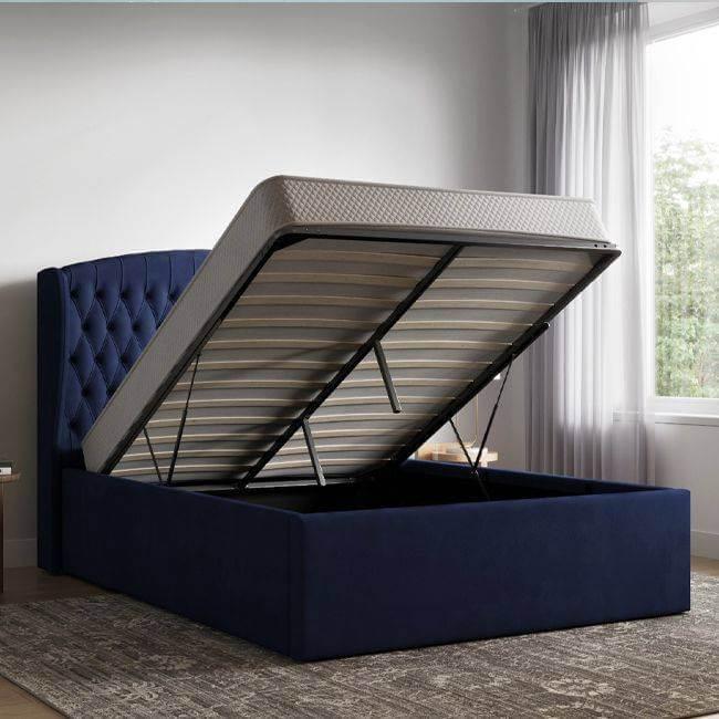 Velvet Navy Blue Bed Frame Kingsize Storage 2